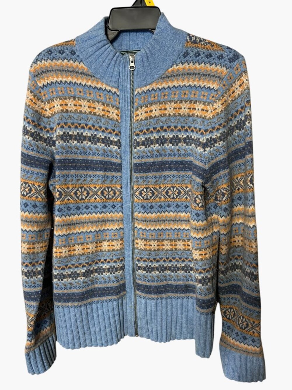 Woolrich Fair Isle Full Zip Cardigan M Lambswool Blue Orange Nordic